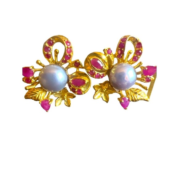 Authentic Ruby & Pearl Pierced Earrings Fine Jewelry Gold Plate on 925 Sterling - Picture 1 of 7